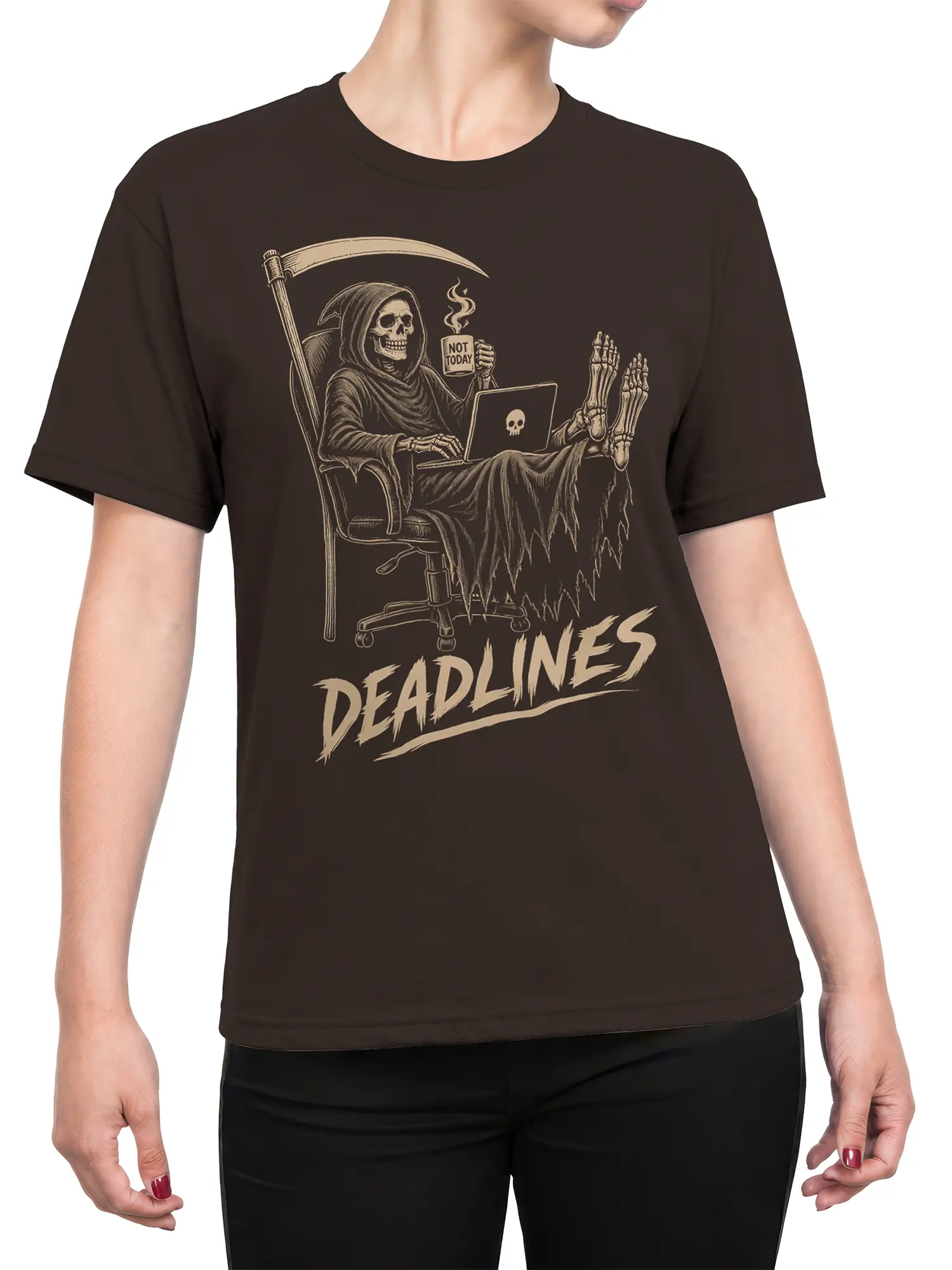 Female torso wearing a brown grim reaper deadline T-shirt with laptop, scythe, and “NOT TODAY” mug design