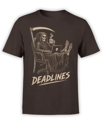 Brown T-shirt with grim reaper at a laptop, “NOT TODAY” mug, scythe, and bold “DEADLINES” text