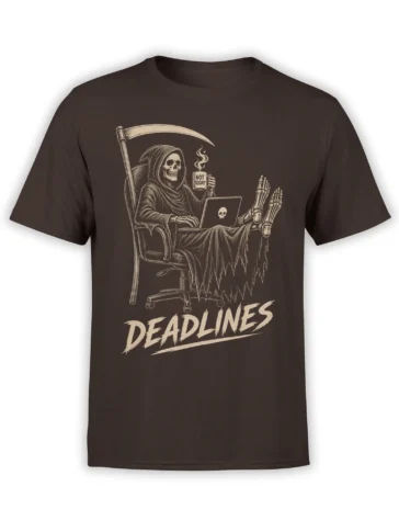Brown T-shirt with grim reaper at a laptop, “NOT TODAY” mug, scythe, and bold “DEADLINES” text