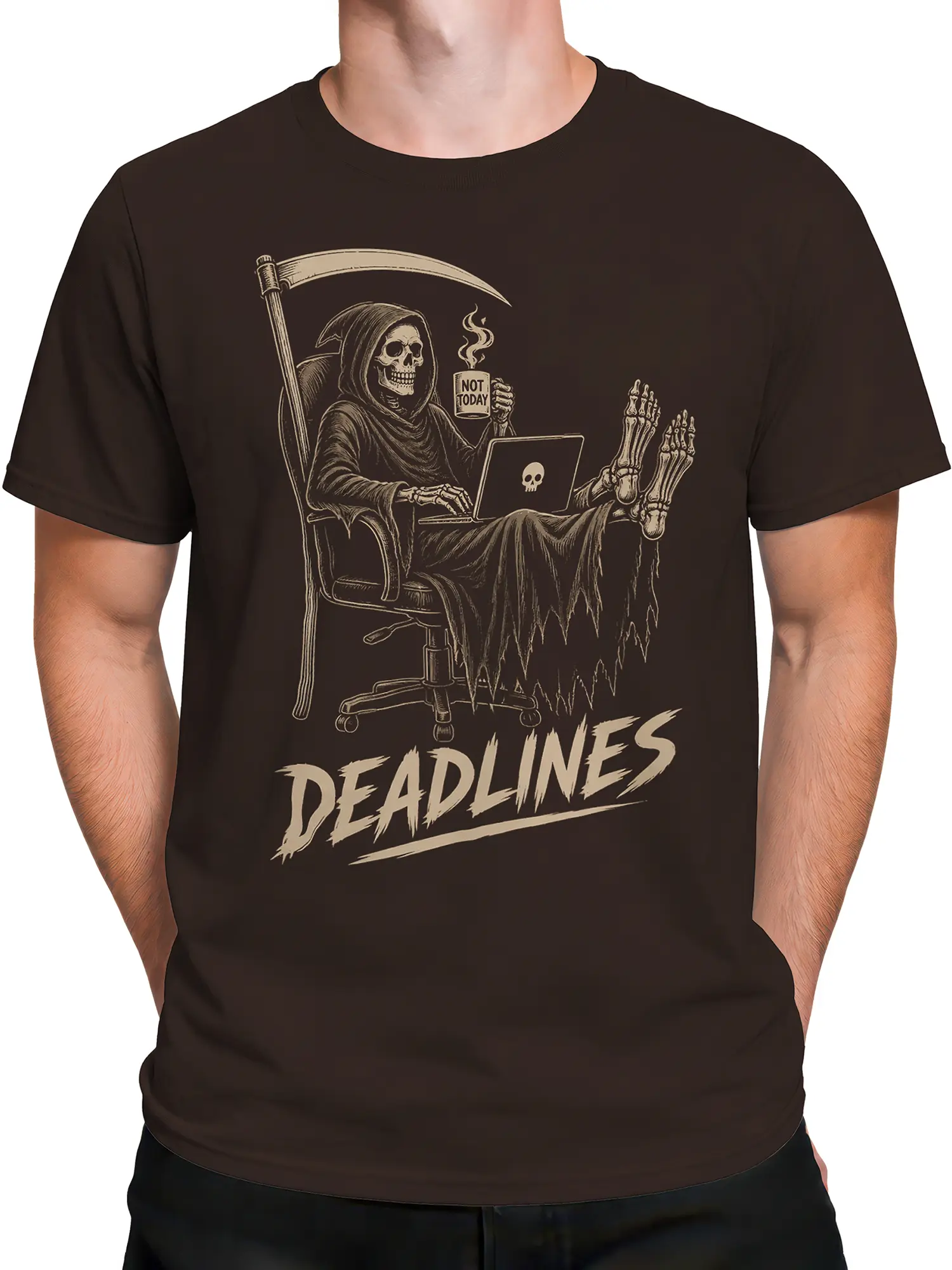 Male torso wearing a brown grim reaper deadline T-shirt with bold “DEADLINES” artwork