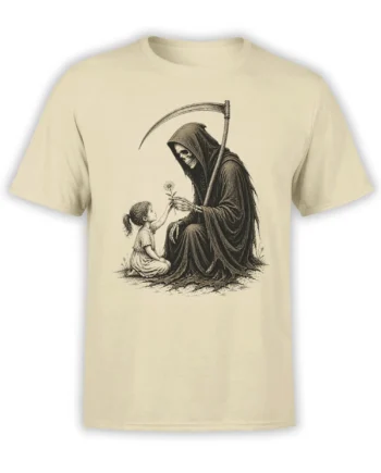 Beige grim reaper T-shirt with a hooded skeleton, scythe, child, and flower in vintage engraving style