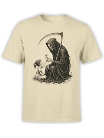 Beige grim reaper T-shirt with a hooded skeleton, scythe, child, and flower in vintage engraving style