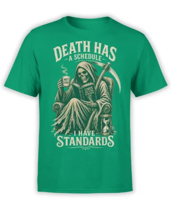 Vintage grim reaper T-shirt in green with scythe, hourglass, “Not Today” mug, and “I Have Standards” lettering
