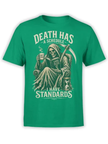 Vintage grim reaper T-shirt in green with scythe, hourglass, “Not Today” mug, and “I Have Standards” lettering