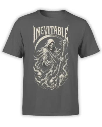 Gray T-shirt with a hooded grim reaper, skull staff, swirling skulls, and Inevitable lettering