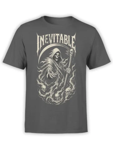 Gray T-shirt with a hooded grim reaper, skull staff, swirling skulls, and Inevitable lettering
