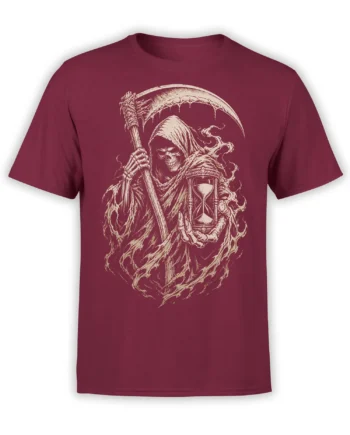 Burgundy T-shirt featuring a hooded grim reaper with a scythe and hourglass in cream vintage artwork