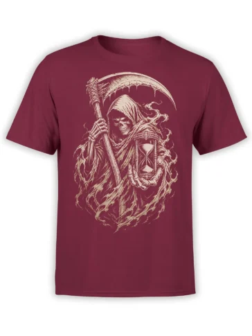 Burgundy T-shirt featuring a hooded grim reaper with a scythe and hourglass in cream vintage artwork