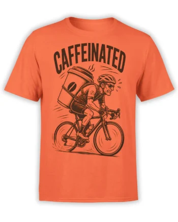 Orange coffee cyclist T-shirt with a large takeaway cup, road bike, and bold Caffeinated lettering