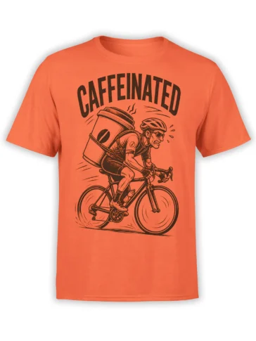 Orange coffee cyclist T-shirt with a large takeaway cup, road bike, and bold Caffeinated lettering