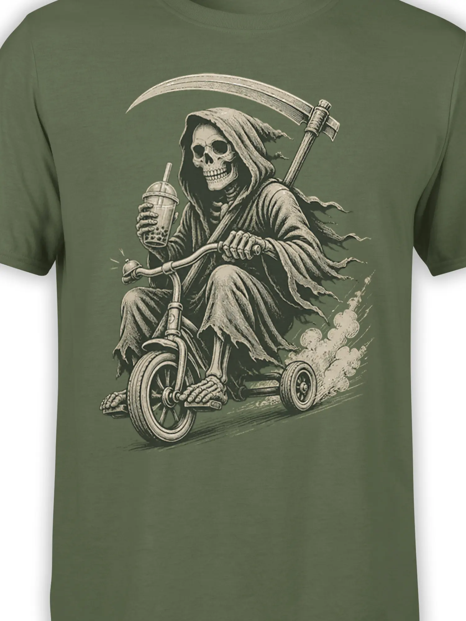 Close-up of Grim Reaper skeleton, scythe, drink, and tricycle artwork on an olive green T-shirt