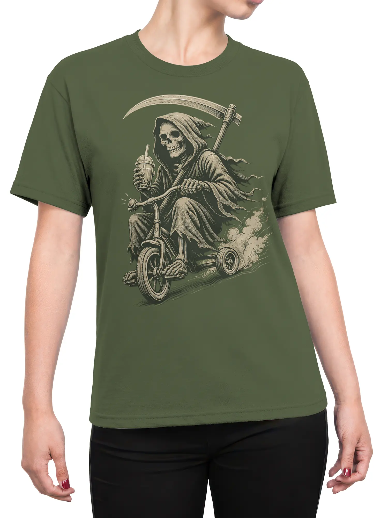 Female torso wearing an olive green Grim Reaper T-shirt with skeleton, scythe, drink, and tricycle graphic