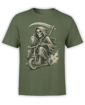 Olive green Grim Reaper T-shirt with a hooded skeleton riding a tricycle, carrying a scythe and drink