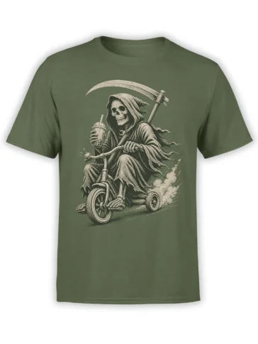 Olive green Grim Reaper T-shirt with a hooded skeleton riding a tricycle, carrying a scythe and drink