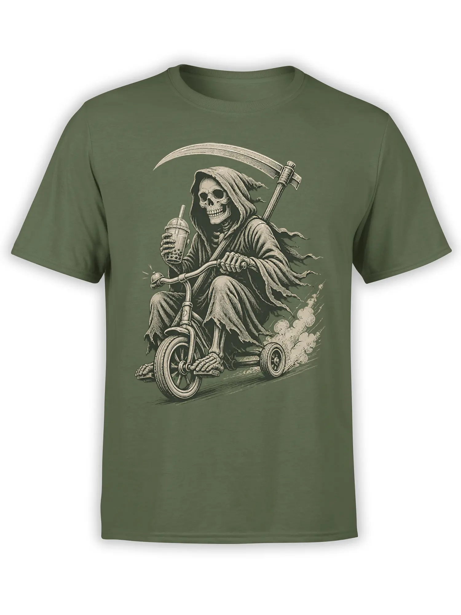 Olive green Grim Reaper T-shirt with a hooded skeleton riding a tricycle, carrying a scythe and drink