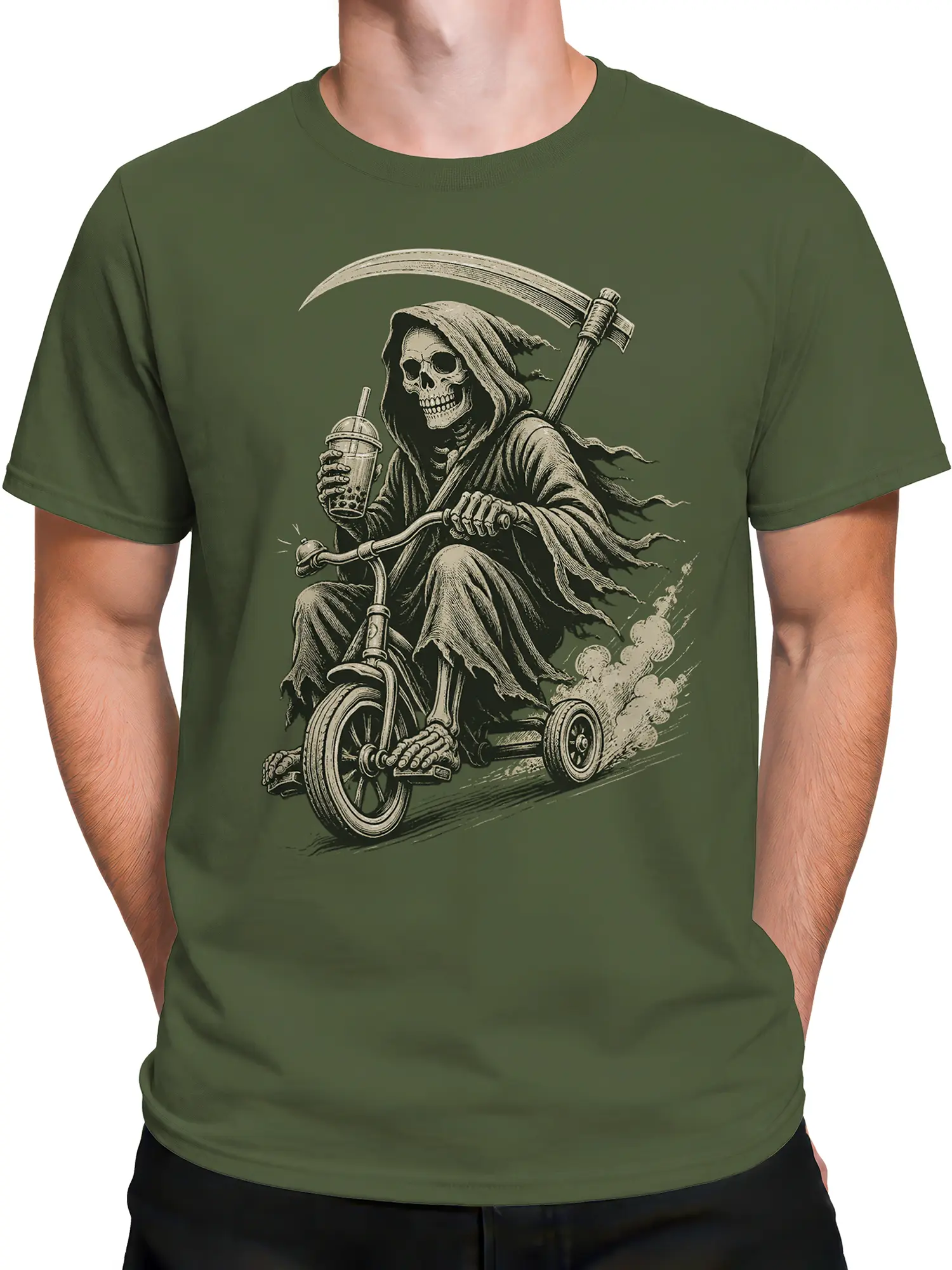 Male torso wearing an olive green Grim Reaper T-shirt with a dark humor tricycle graphic