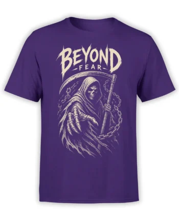Purple grim reaper T-shirt with scythe, chains, skeletal hand, and distressed “BEYOND FEAR” artwork