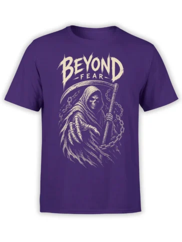 Purple grim reaper T-shirt with scythe, chains, skeletal hand, and distressed “BEYOND FEAR” artwork