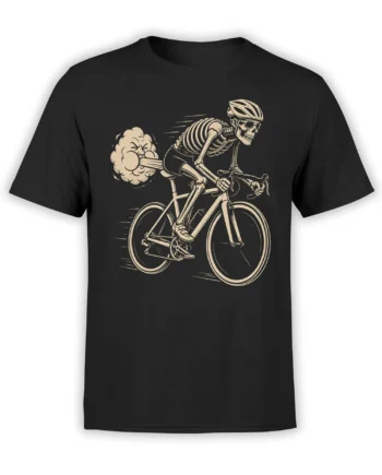 Black T-shirt with a cream skeleton cyclist wearing a helmet and goggles on a bicycle