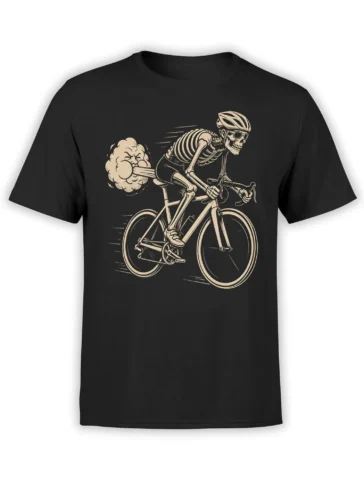 Black T-shirt with a cream skeleton cyclist wearing a helmet and goggles on a bicycle