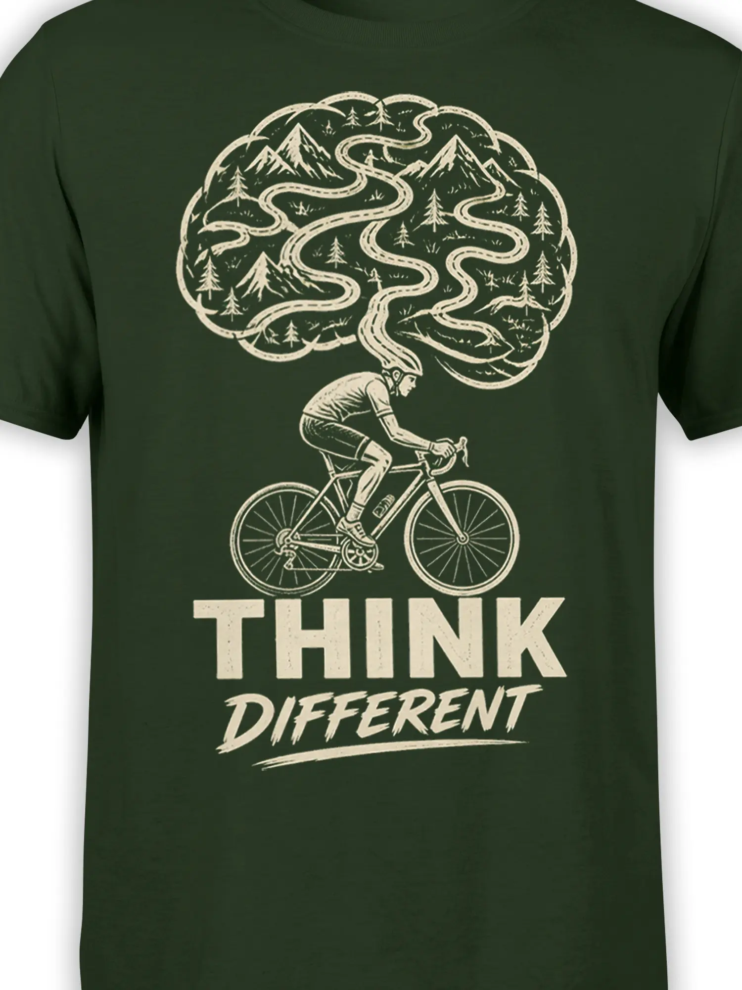 Close-up of green cycling shirt artwork showing a cyclist, winding mountain road, pine trees, and brain-shaped landscape