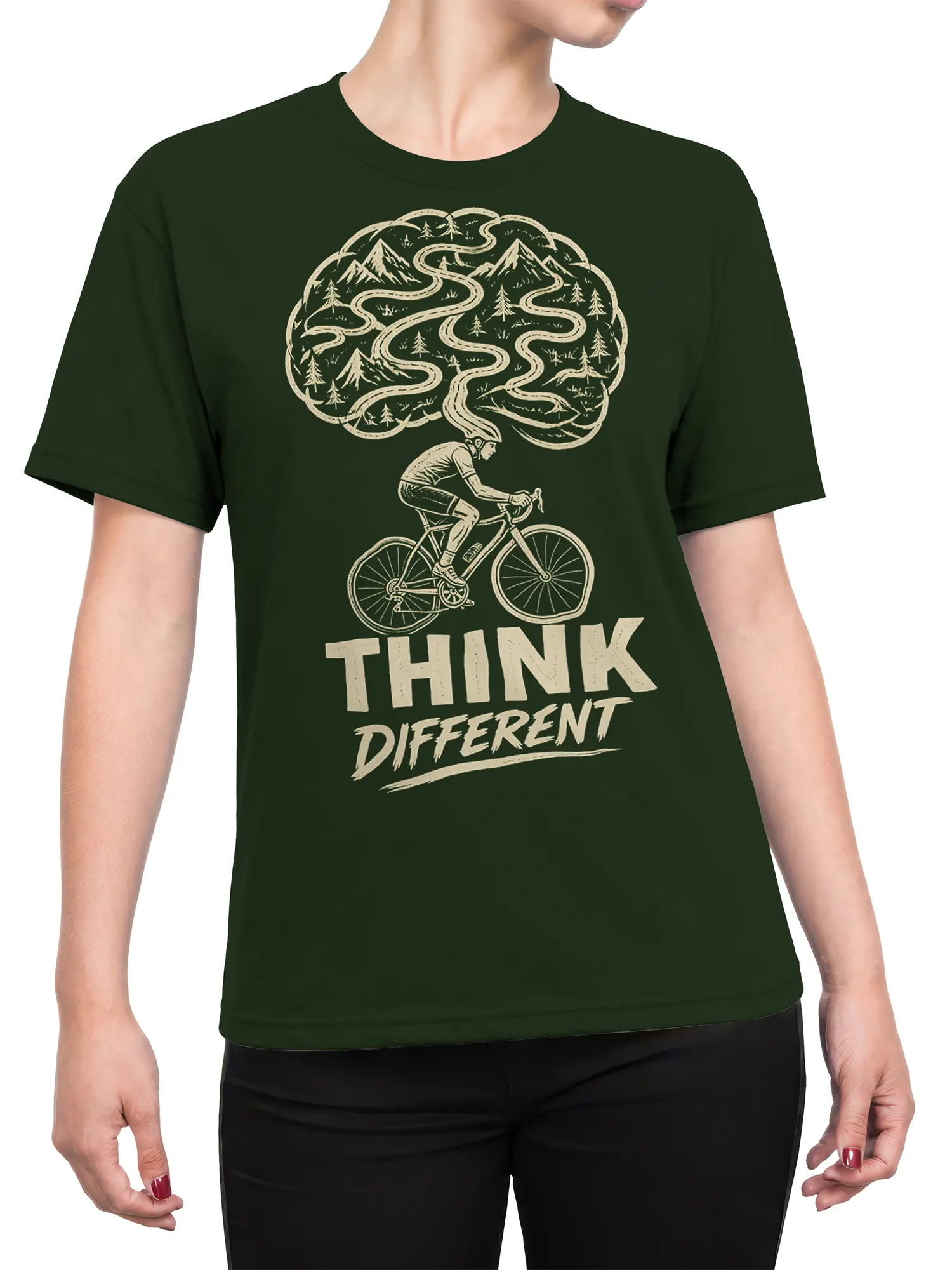 Female torso wearing a green cycling T-shirt with cream cyclist and mountain brain artwork