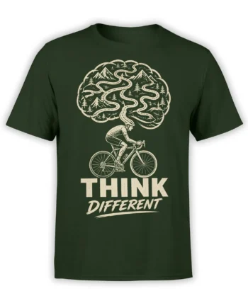 Green cycling T-shirt with a cream cyclist, brain-shaped mountain landscape, winding road, and bold lettering