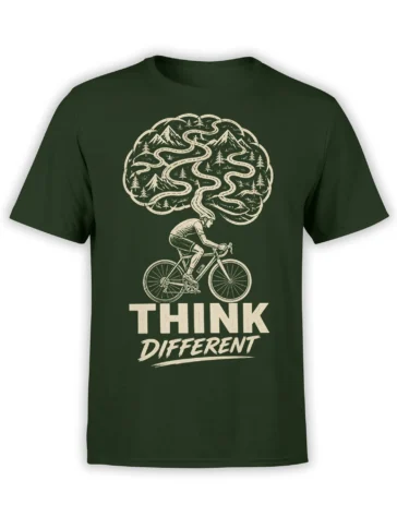 Green cycling T-shirt with a cream cyclist, brain-shaped mountain landscape, winding road, and bold lettering