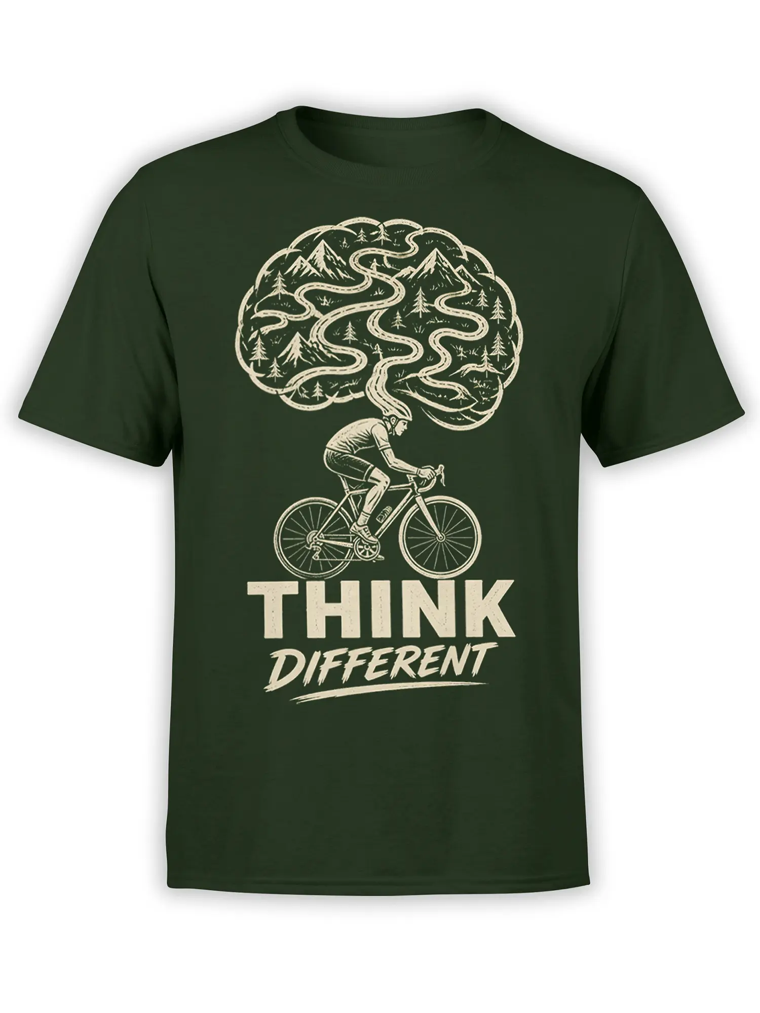 Green cycling T-shirt with a cream cyclist, brain-shaped mountain landscape, winding road, and bold lettering