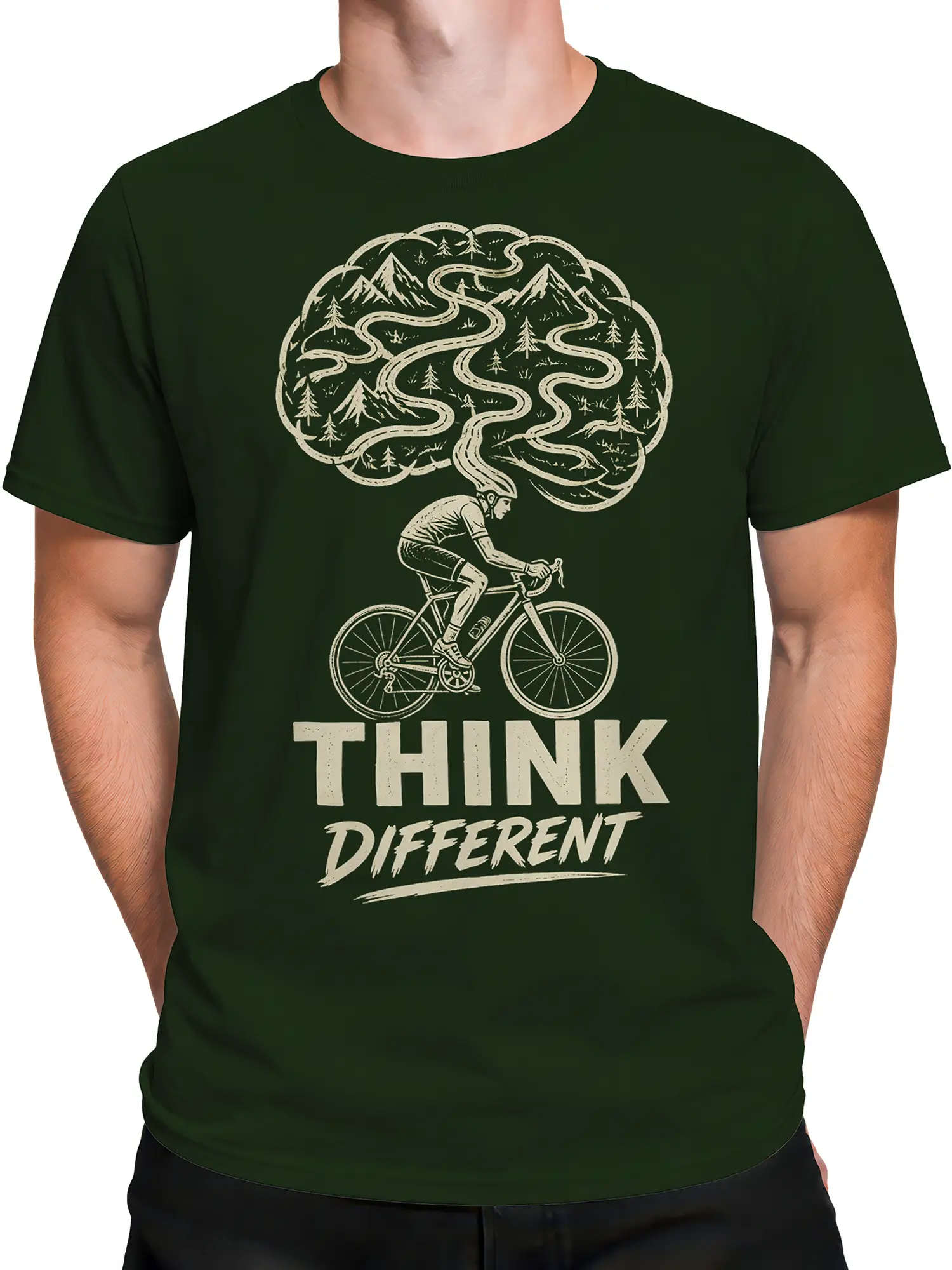 Male torso wearing a green cycling T-shirt with cream cyclist and mountain brain artwork