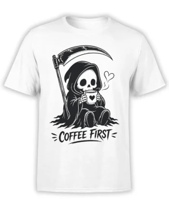 White coffee T-shirt with a hooded skeleton, scythe, heart mug, and bold “Coffee First” lettering