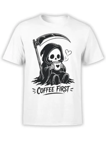 White coffee T-shirt with a hooded skeleton, scythe, heart mug, and bold “Coffee First” lettering