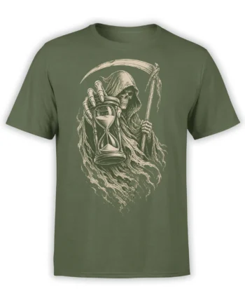 Olive green T-shirt with a hooded grim reaper holding a scythe and hourglass in pale gothic artwork