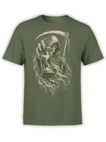 Olive green T-shirt with a hooded grim reaper holding a scythe and hourglass in pale gothic artwork