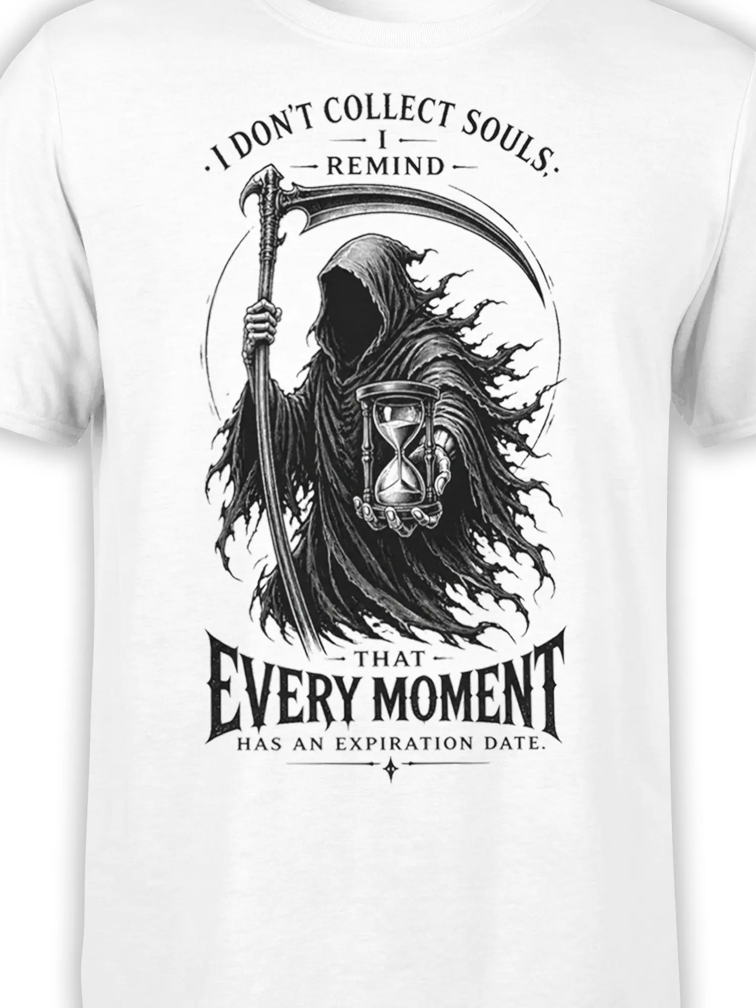 Close-up of grim reaper artwork with scythe, hourglass, and expiration-date text on a white T-shirt