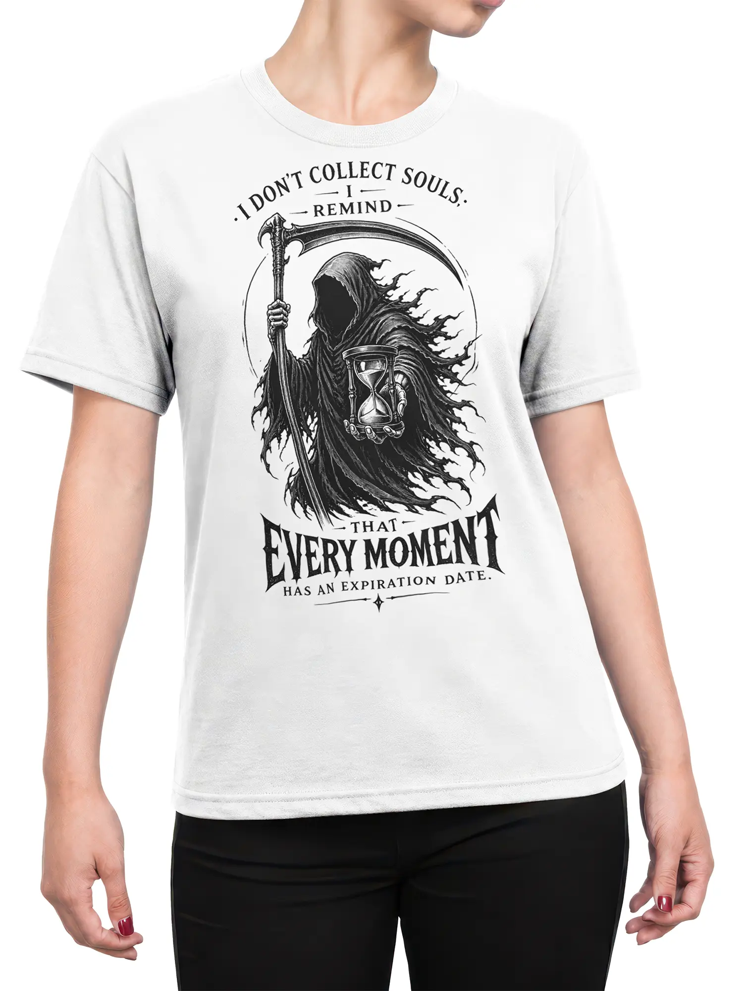 Female torso wearing a white grim reaper T-shirt with a scythe, hourglass, and gothic text