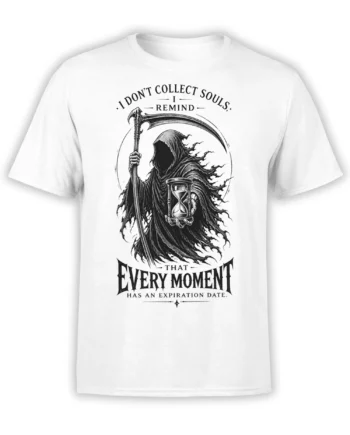 White T-shirt with a hooded grim reaper, scythe, hourglass, and gothic expiration-date message