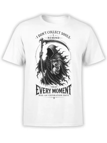 White T-shirt with a hooded grim reaper, scythe, hourglass, and gothic expiration-date message