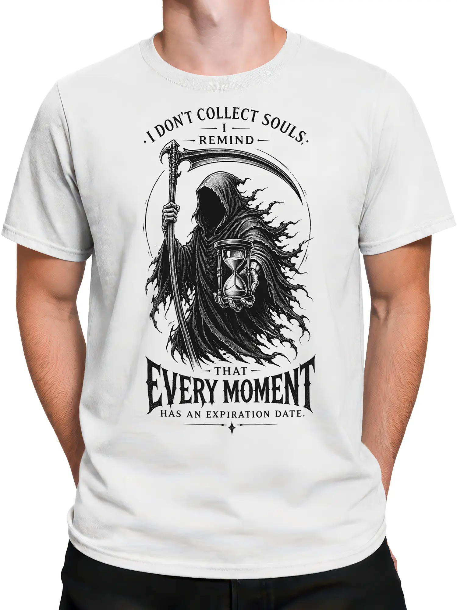 Male torso wearing a white grim reaper T-shirt with a scythe, hourglass, and gothic lettering