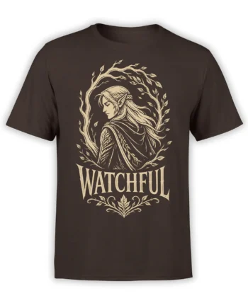 Watchful elf fantasy design with woodland branches and cream lettering on a dark brown T-shirt