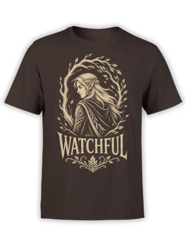 Watchful elf fantasy design with woodland branches and cream lettering on a dark brown T-shirt