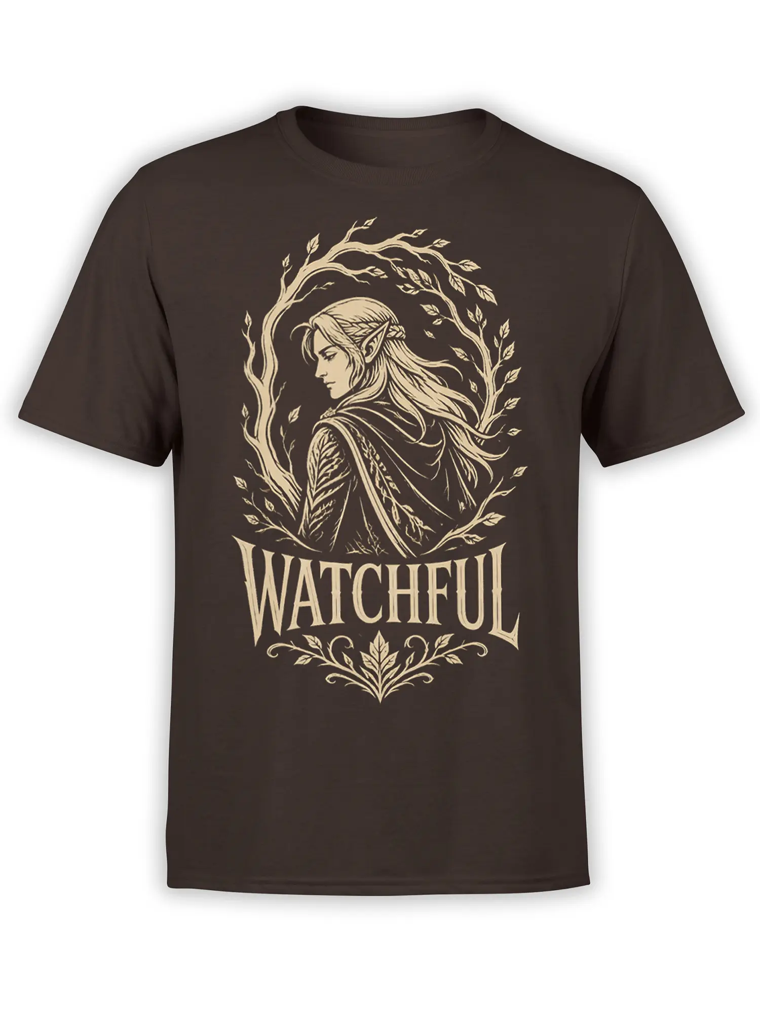 Watchful elf fantasy design with woodland branches and cream lettering on a dark brown T-shirt
