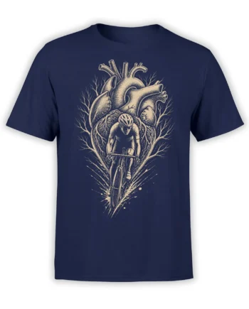 Front view of a navy cycling T-shirt with a cream cyclist riding inside an anatomical heart