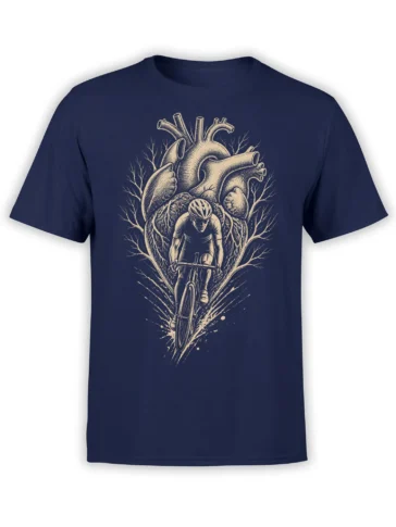 Front view of a navy cycling T-shirt with a cream cyclist riding inside an anatomical heart