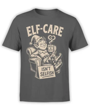 Gray elf-care t-shirt with a lounging vintage elf, North Pole coffee mug, and “Isn’t Selfish” sign
