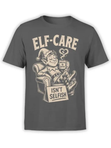 Gray elf-care t-shirt with a lounging vintage elf, North Pole coffee mug, and “Isn’t Selfish” sign