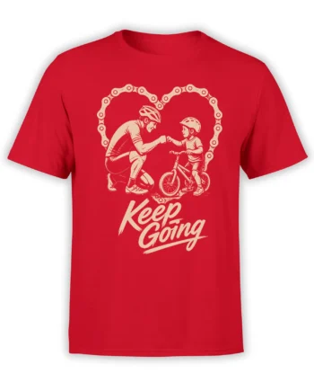 Red cycling T-shirt with adult and child cyclists, a chain-link heart, and “Keep Going” lettering