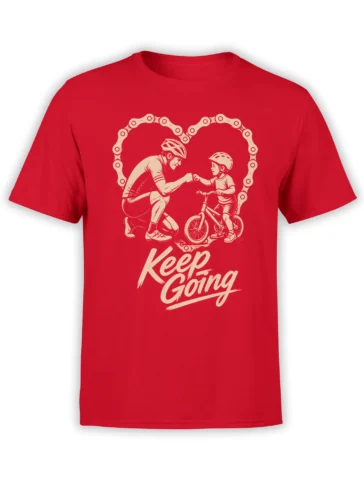 Red cycling T-shirt with adult and child cyclists, a chain-link heart, and “Keep Going” lettering