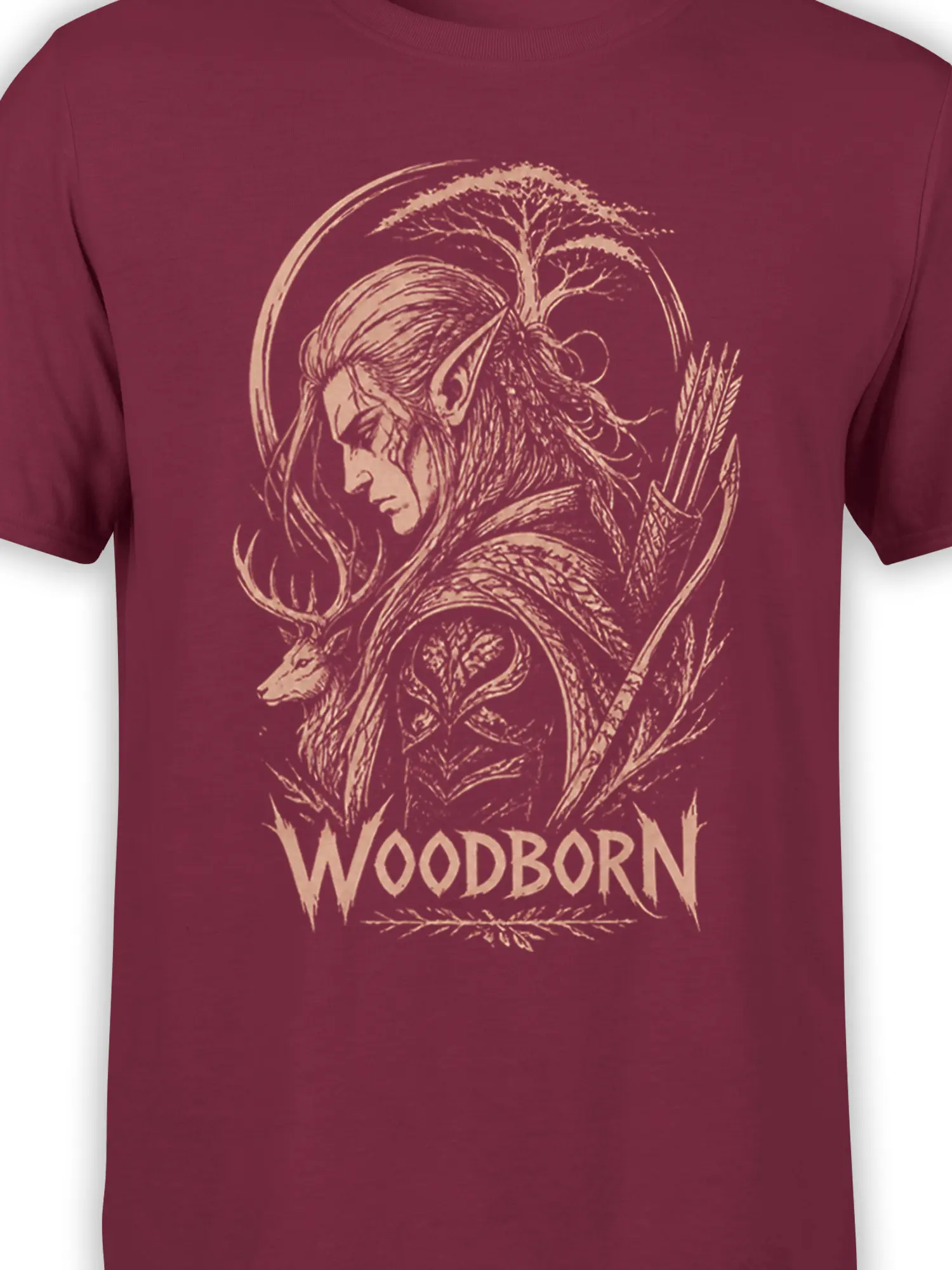 Close-up of Woodborn artwork showing a female archer and antlered deer in cream ink on burgundy
