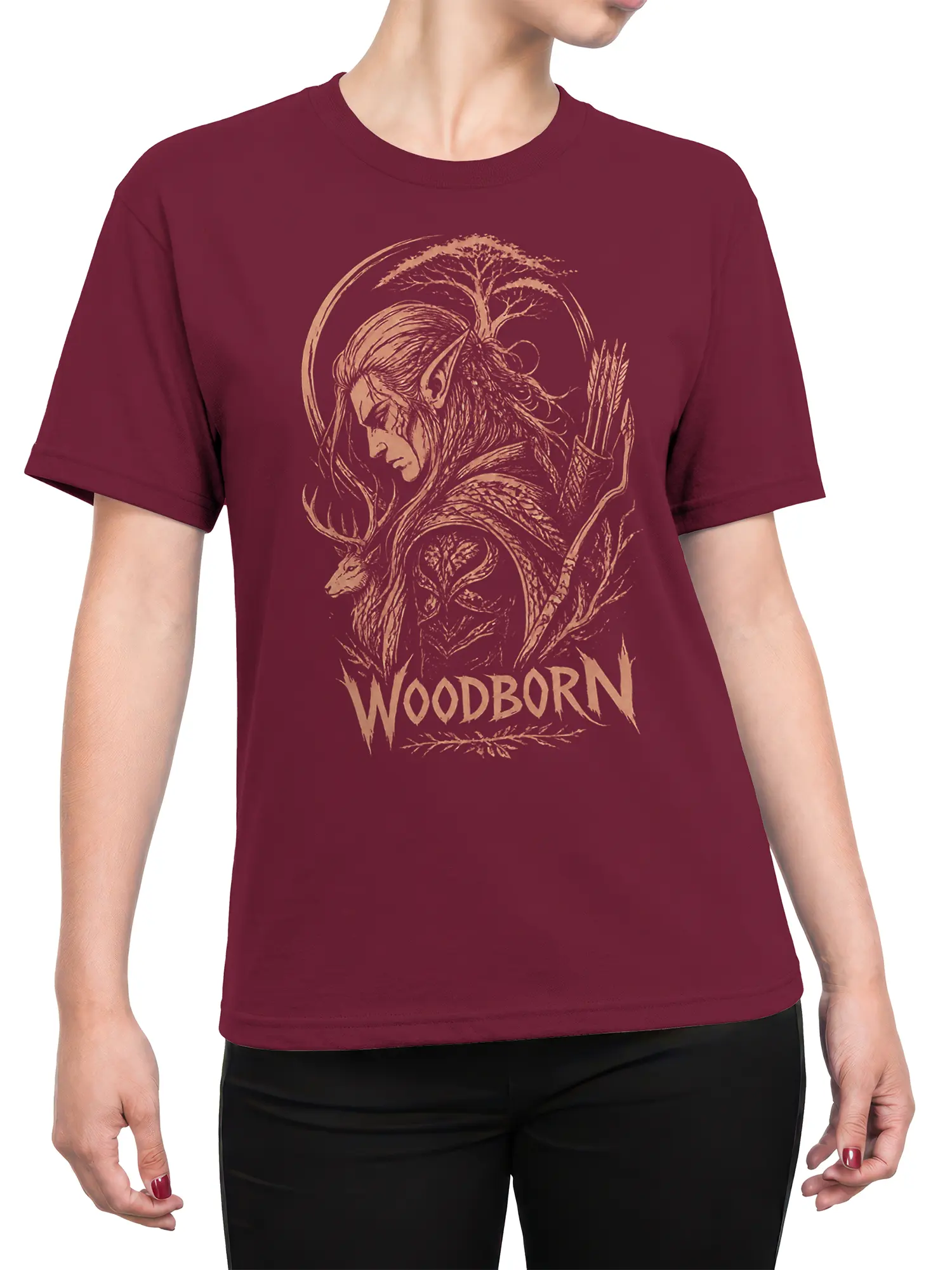 Female torso wearing a burgundy Woodborn fantasy T-shirt with archer and antlered deer artwork